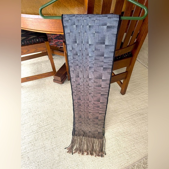 Kim Yost Merck Accessories - Woven silk and rayon scarf. Fringe. Hombre blended colors tan/blue/navy/black.